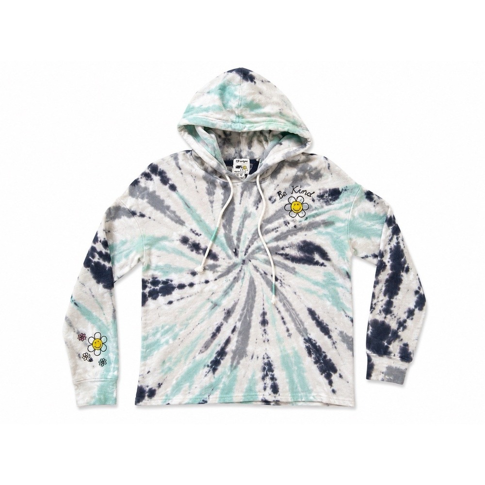 PJ Salvage Hoodie M Navy Tie Dye Be Kind Smiley Embroidered Cozy Boho Sweatshirt